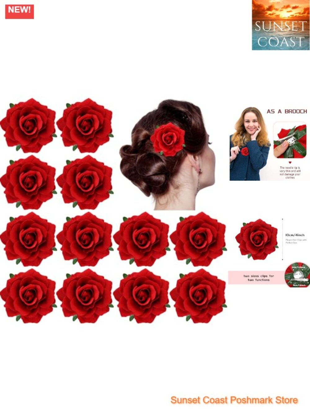 12 Pack Red Rose Flower Brooches Hair Clips Alligator Barrettes Prom Wedding